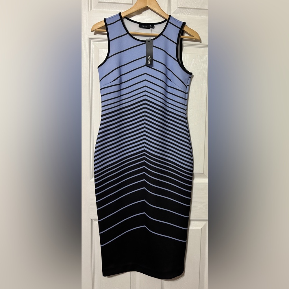 Apt 9 Sleeveless Bodycon Midi Dress Blue Black Zig Zag Stretch Knit Women’s 6